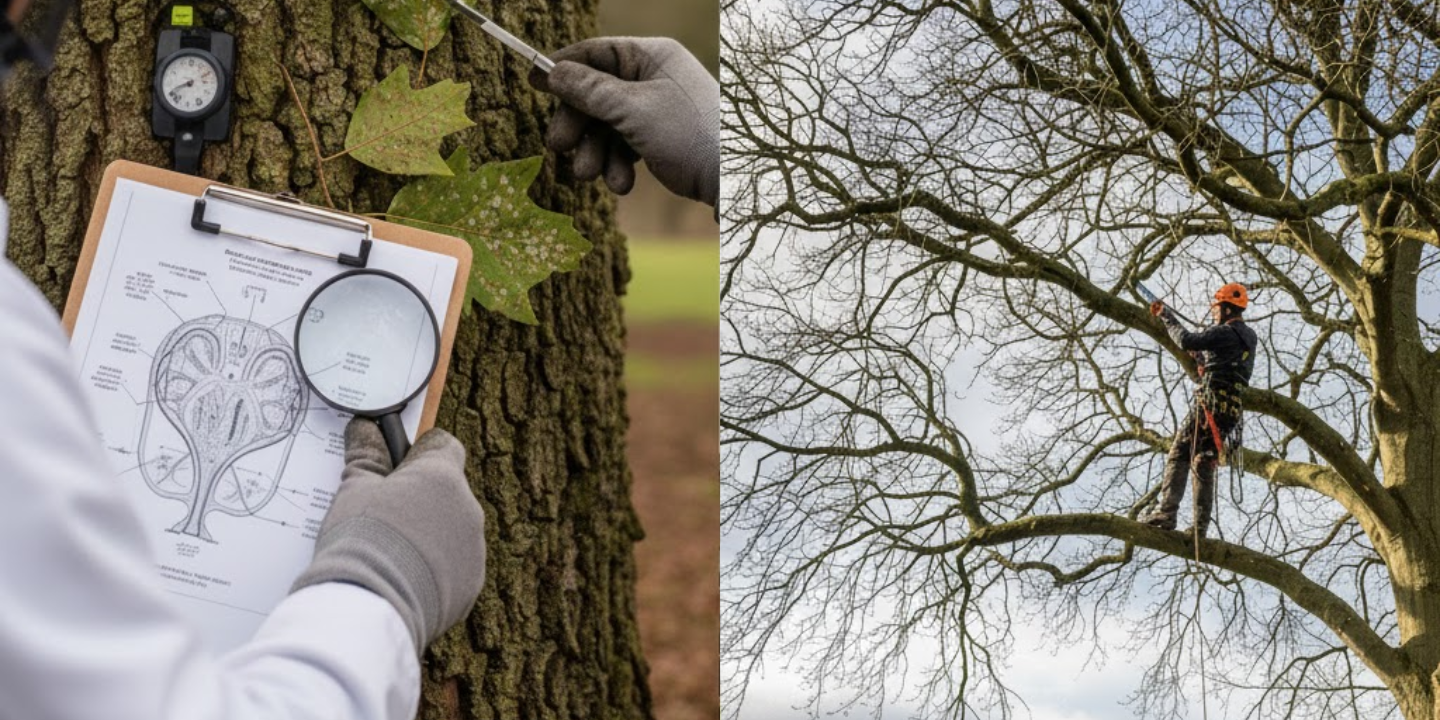 Arborist surveying a tree on the left side with a tree surgeon working in a tree on the right side.