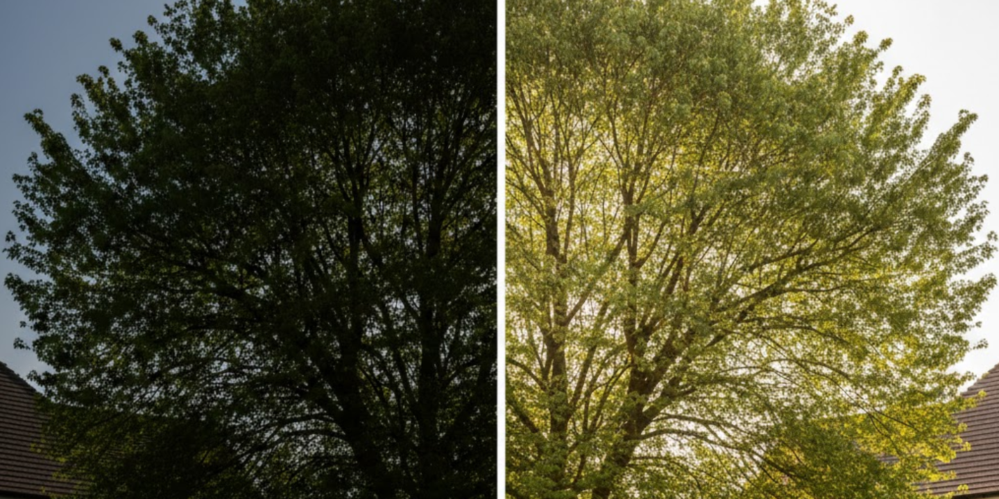 Side by side comparison of crown thinning and crown reduction.