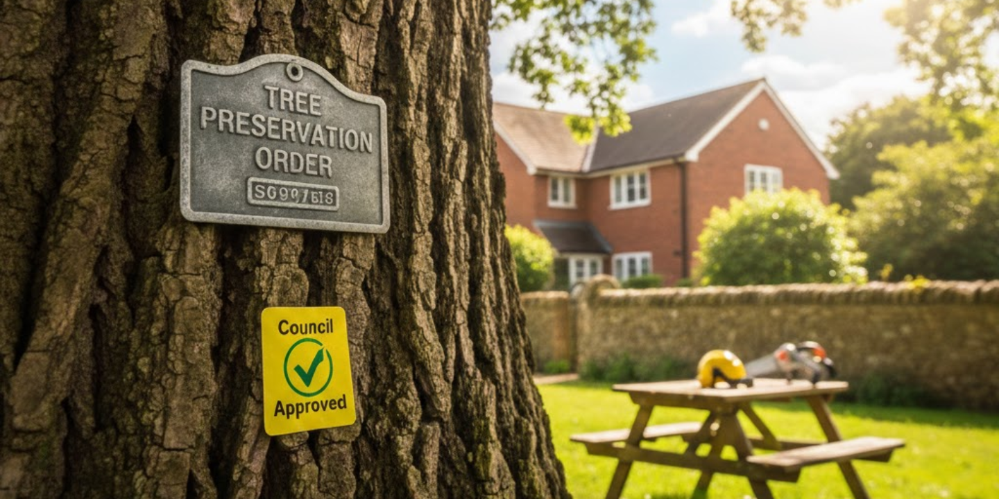 Tree in garden setting with a Tree Preservation Order plaque attached and a sticker below saying council approved.