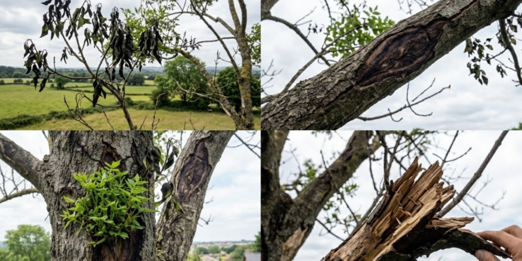 Four close up images of Ash Dieback.