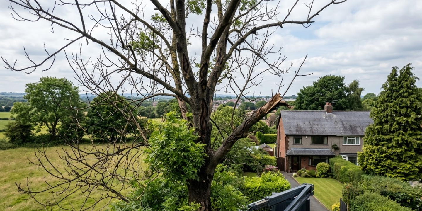 Arial view of dying Ash tree in clients garden.