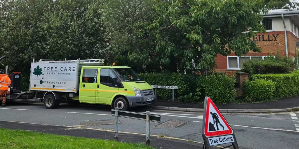 Tree Care Extraordinaire van parked on residential street with work signs.