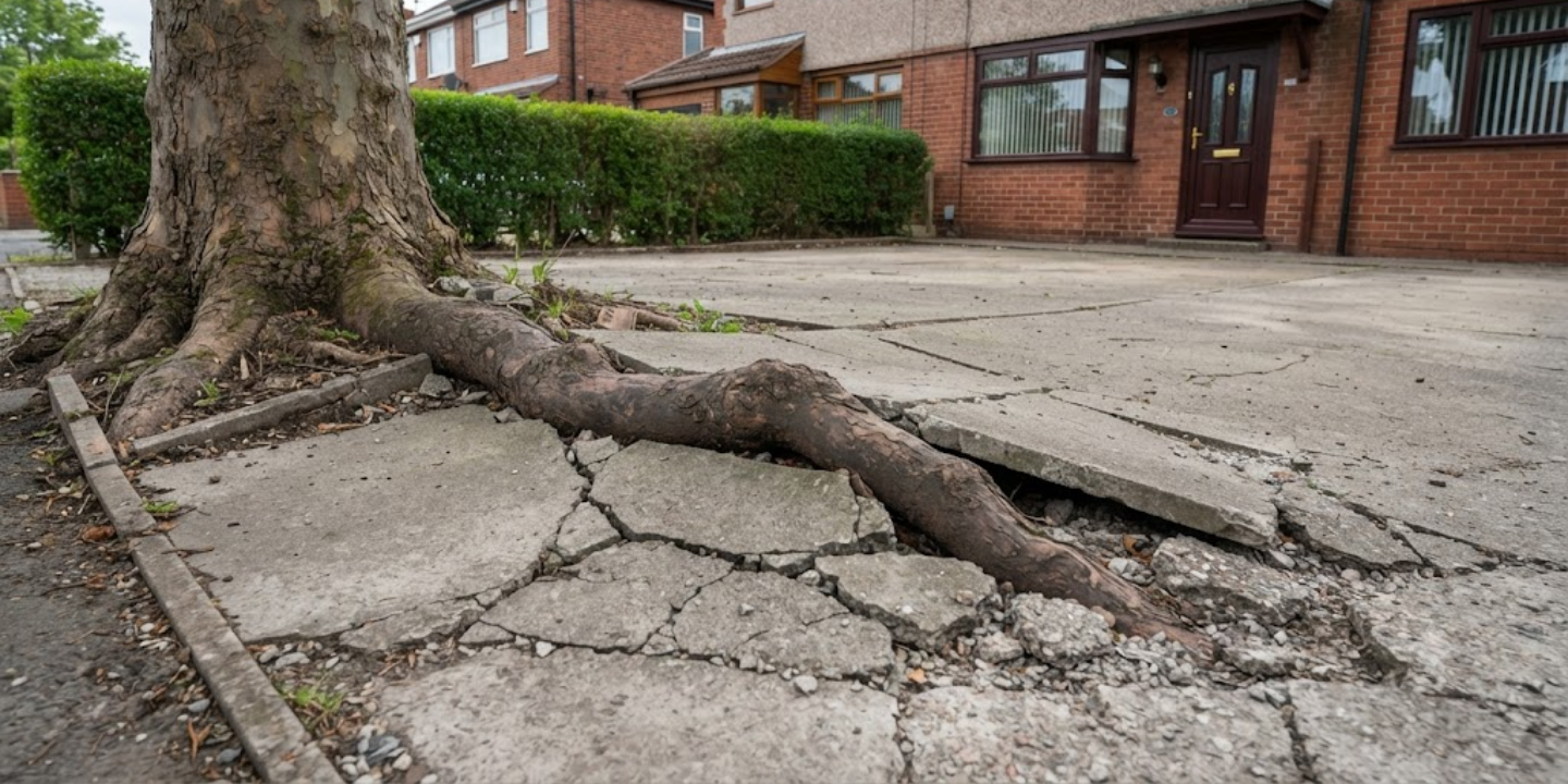 Tree root breaking through residents front driveway in Lancashire.